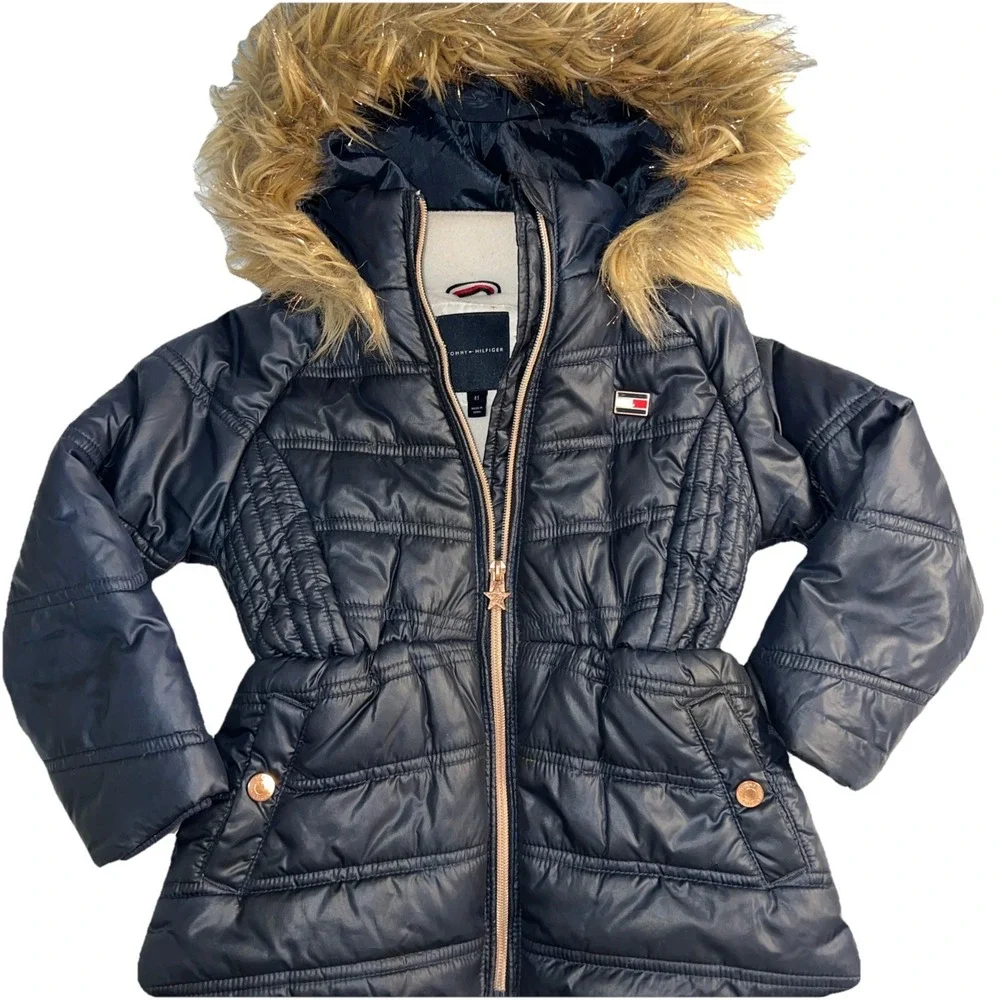 Tommy Hilfiger Girls' Size 4T Puffer Polyester Jacket Black Fur Hooded‎ Quilted